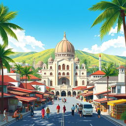 A beautiful illustration of Mataram City, showcasing its unique blend of traditional and modern architecture