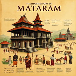 An artistic representation of the history of Mataram, showcasing key historical landmarks and events that shaped the region