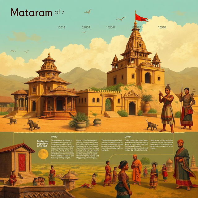 An artistic representation of the history of Mataram, showcasing key historical landmarks and events that shaped the region