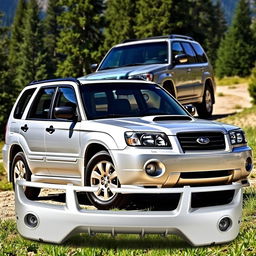 A silver Subaru Forester, showcasing a front bumper design specifically from the 2004 model