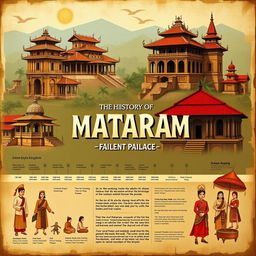 An artistic representation of the history of Mataram, showcasing key historical landmarks and events that shaped the region