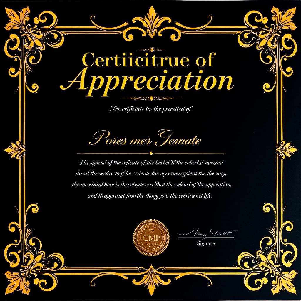 A stunning Certificate of Appreciation featuring a luxurious black and gold design