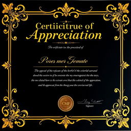 A stunning Certificate of Appreciation featuring a luxurious black and gold design