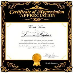 A stunning Certificate of Appreciation featuring a luxurious black and gold design