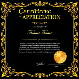 A stunning Certificate of Appreciation featuring a luxurious black and gold design