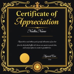 A stunning Certificate of Appreciation featuring a luxurious black and gold design