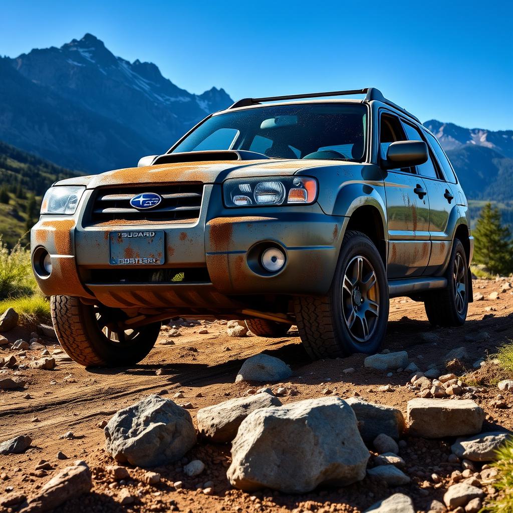 A rugged 2007 Subaru Forester Cross Sport offroad vehicle, showcasing its aggressive design, prominent front grille, and dynamic contours