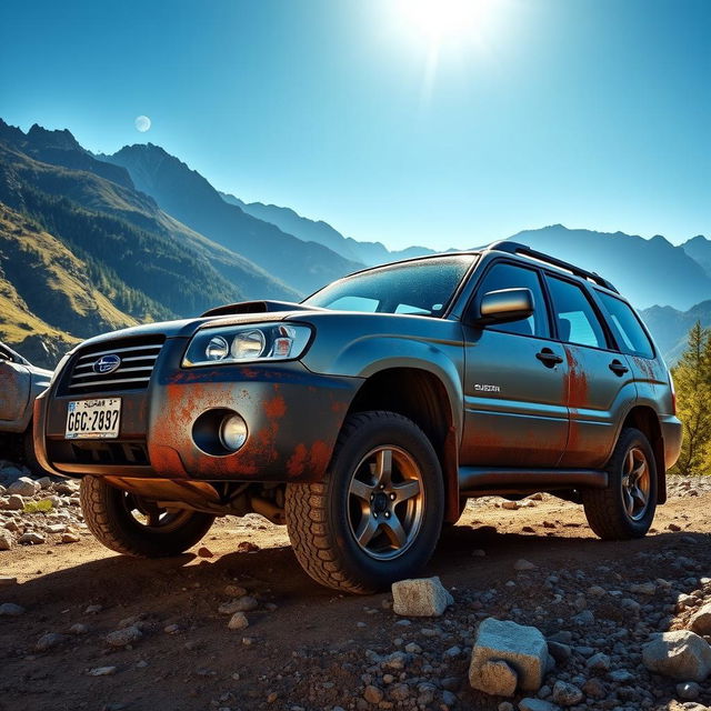 A rugged 2007 Subaru Forester Cross Sport offroad vehicle, showcasing its aggressive design, prominent front grille, and dynamic contours