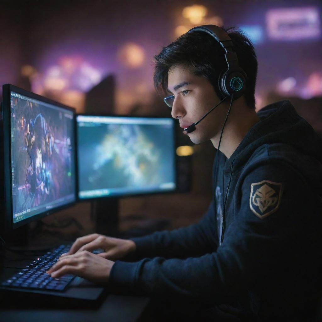 A dynamic portrayal of an average League of Legends player, focused intensely on the game, surrounded by game elements and illuminated by the glow of a computer screen.