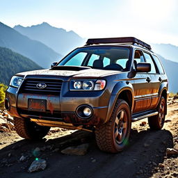 A rugged 2007 Subaru Forester Cross Sport offroad vehicle, showcasing its aggressive design, prominent front grille, and dynamic contours