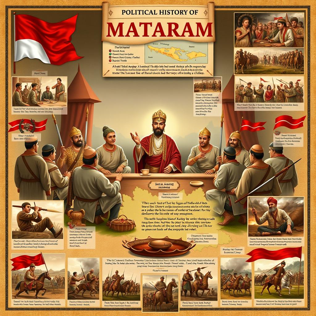 An engaging visual representation of the political history of Mataram, highlighting key events and figures that shaped its governance