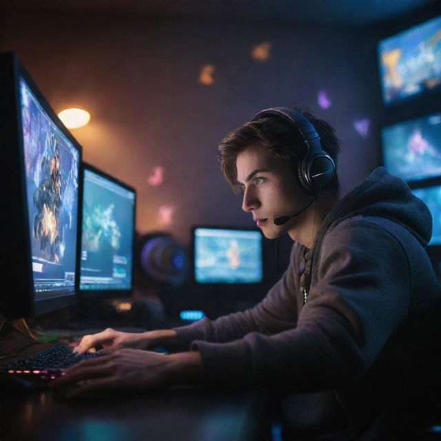 A dynamic portrayal of an average League of Legends player, focused intensely on the game, surrounded by game elements and illuminated by the glow of a computer screen.