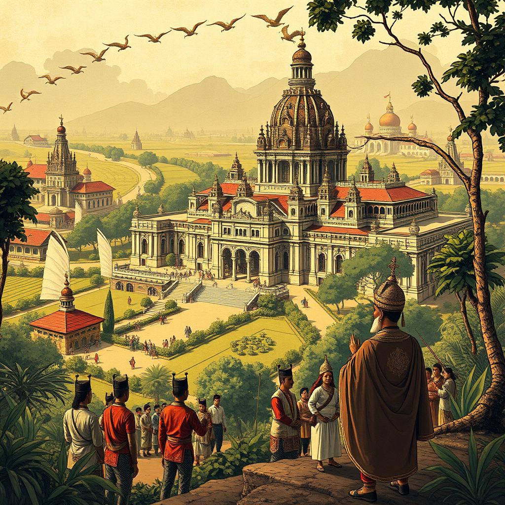 A detailed illustration depicting the history of the Mataram Kingdom, capturing its grandeur and cultural richness