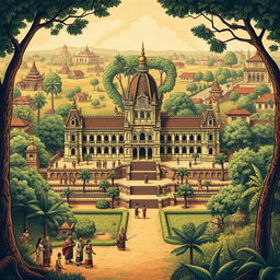 A detailed illustration depicting the history of the Mataram Kingdom, capturing its grandeur and cultural richness