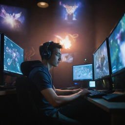 A dynamic portrayal of an average League of Legends player, focused intensely on the game, surrounded by game elements and illuminated by the glow of a computer screen.