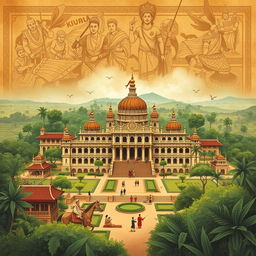 A detailed illustration depicting the history of the Mataram Kingdom, capturing its grandeur and cultural richness