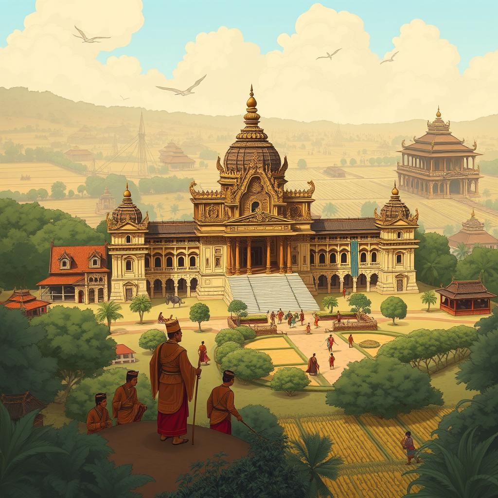 A detailed illustration depicting the history of the Mataram Kingdom, capturing its grandeur and cultural richness