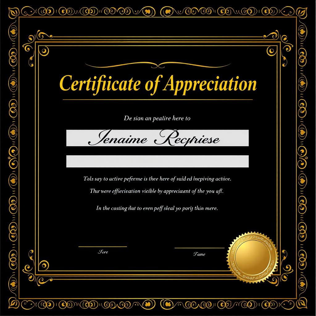 A simple and elegant Certificate of Appreciation featuring a classic black and gold color scheme