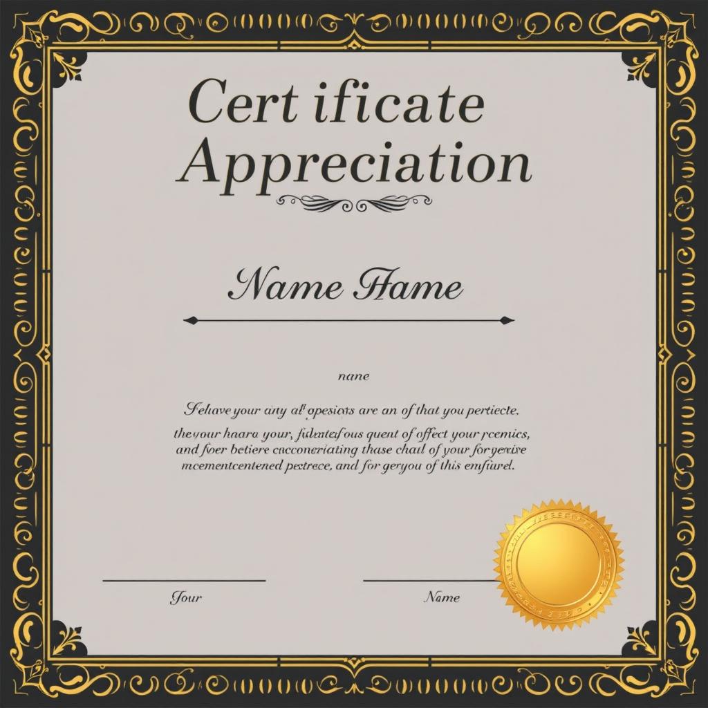 A simple and elegant Certificate of Appreciation featuring a classic black and gold color scheme