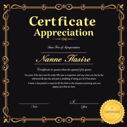 A simple and elegant Certificate of Appreciation featuring a classic black and gold color scheme