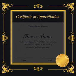 A simple and elegant Certificate of Appreciation featuring a classic black and gold color scheme