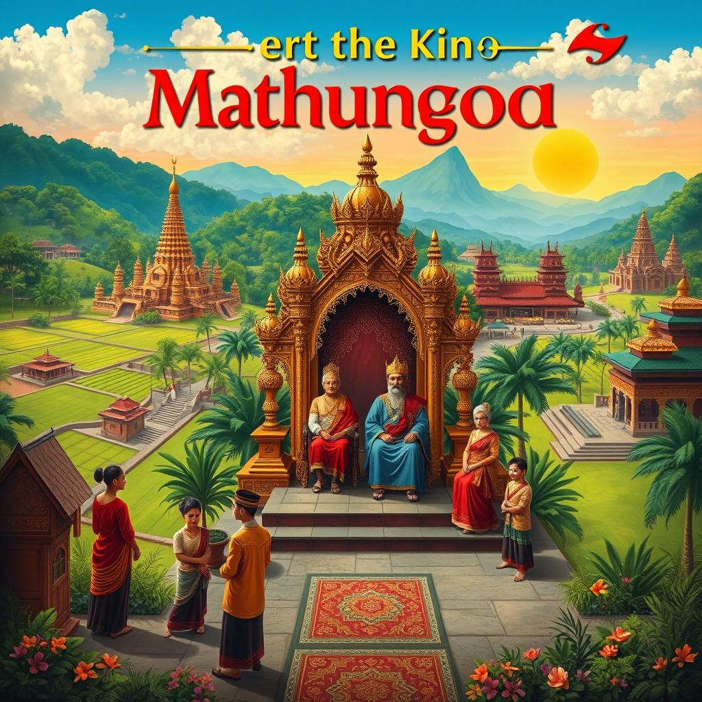 An artistic depiction of the history of the Mataram Kingdom, showcasing a vibrant scene that includes traditional Javanese architecture, majestic royal palaces, lush green landscapes, and historical figures in traditional clothing