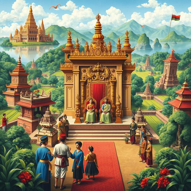 An artistic depiction of the history of the Mataram Kingdom, showcasing a vibrant scene that includes traditional Javanese architecture, majestic royal palaces, lush green landscapes, and historical figures in traditional clothing