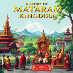 An artistic depiction of the history of the Mataram Kingdom, showcasing a vibrant scene that includes traditional Javanese architecture, majestic royal palaces, lush green landscapes, and historical figures in traditional clothing