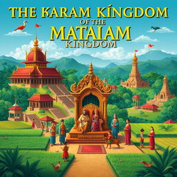 An artistic depiction of the history of the Mataram Kingdom, showcasing a vibrant scene that includes traditional Javanese architecture, majestic royal palaces, lush green landscapes, and historical figures in traditional clothing