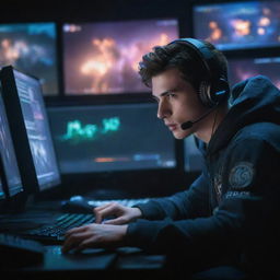 A dynamic portrayal of an average League of Legends player, focused intensely on the game, surrounded by game elements and illuminated by the glow of a computer screen.