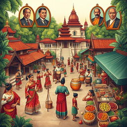 A beautifully detailed illustration depicting the cultural history of the Mataram Kingdom, featuring traditional Javanese ceremonies and customs