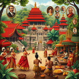 A beautifully detailed illustration depicting the cultural history of the Mataram Kingdom, featuring traditional Javanese ceremonies and customs