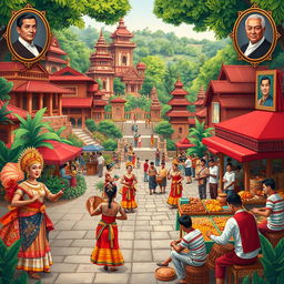 A beautifully detailed illustration depicting the cultural history of the Mataram Kingdom, featuring traditional Javanese ceremonies and customs