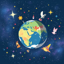 An anime-style illustration of planet Earth, with countries represented in unique, whimsical shapes and colors