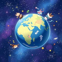 An anime-style illustration of planet Earth, with countries represented in unique, whimsical shapes and colors