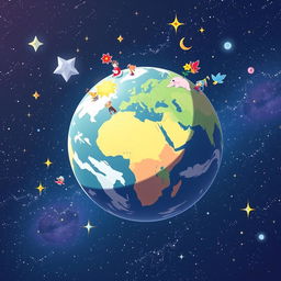 An anime-style illustration of planet Earth, with countries represented in unique, whimsical shapes and colors