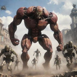 A vivid, action-packed scene from the anime 'Attack on Titans', showcasing Titans, soldiers equipped with omnidirectional mobility gear, and landmarks from the series.