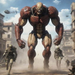 A vivid, action-packed scene from the anime 'Attack on Titans', showcasing Titans, soldiers equipped with omnidirectional mobility gear, and landmarks from the series.