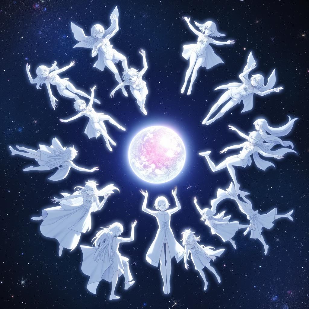 An anime-style scene featuring twelve human figures colored in bright white, arranged around a glowing sphere in the vastness of outer space