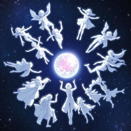 An anime-style scene featuring twelve human figures colored in bright white, arranged around a glowing sphere in the vastness of outer space