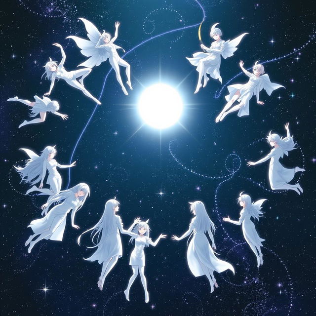 An anime-style scene featuring twelve human figures colored in bright white, arranged around a glowing sphere in the vastness of outer space