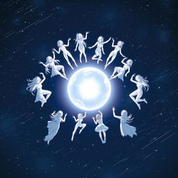 An anime-style scene featuring twelve human figures colored in bright white, arranged around a glowing sphere in the vastness of outer space