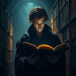 A captivating image of a mysterious man deeply engrossed in reading a book in his hands