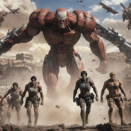 A vivid, action-packed scene from the anime 'Attack on Titans', showcasing Titans, soldiers equipped with omnidirectional mobility gear, and landmarks from the series.