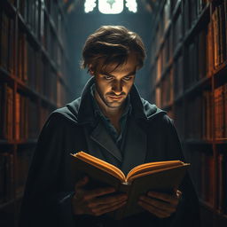 A captivating image of a mysterious man deeply engrossed in reading a book in his hands