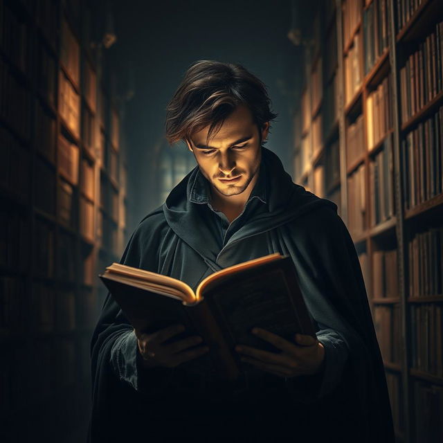 A captivating image of a mysterious man deeply engrossed in reading a book in his hands