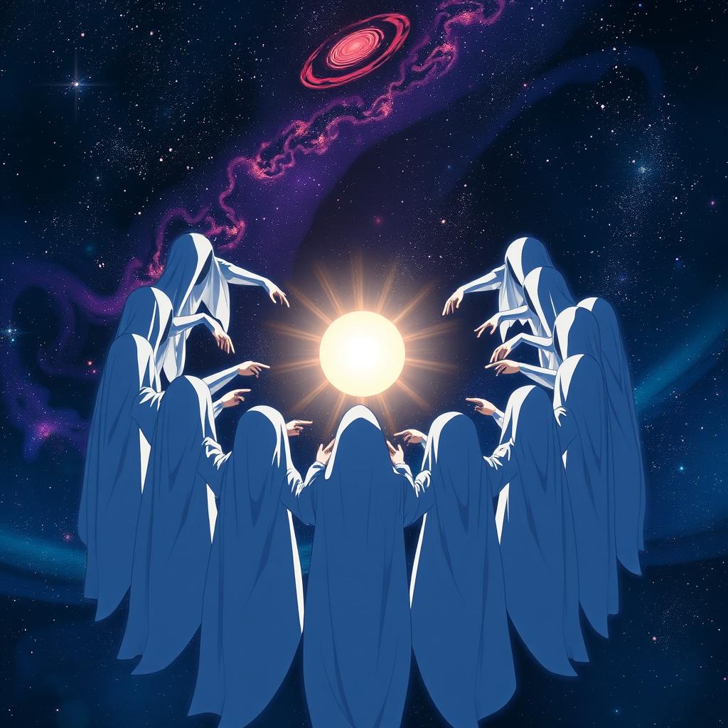 An intriguing anime-style scene featuring twelve mysterious human figures shrouded in white, standing in a circle and pointing towards a glowing sphere at the center