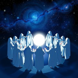 An intriguing anime-style scene featuring twelve mysterious human figures shrouded in white, standing in a circle and pointing towards a glowing sphere at the center