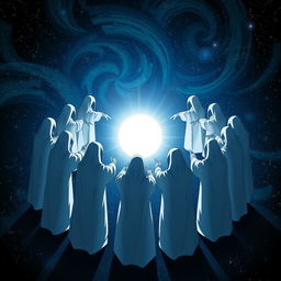 An intriguing anime-style scene featuring twelve mysterious human figures shrouded in white, standing in a circle and pointing towards a glowing sphere at the center