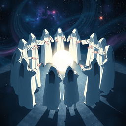 An intriguing anime-style scene featuring twelve mysterious human figures shrouded in white, standing in a circle and pointing towards a glowing sphere at the center